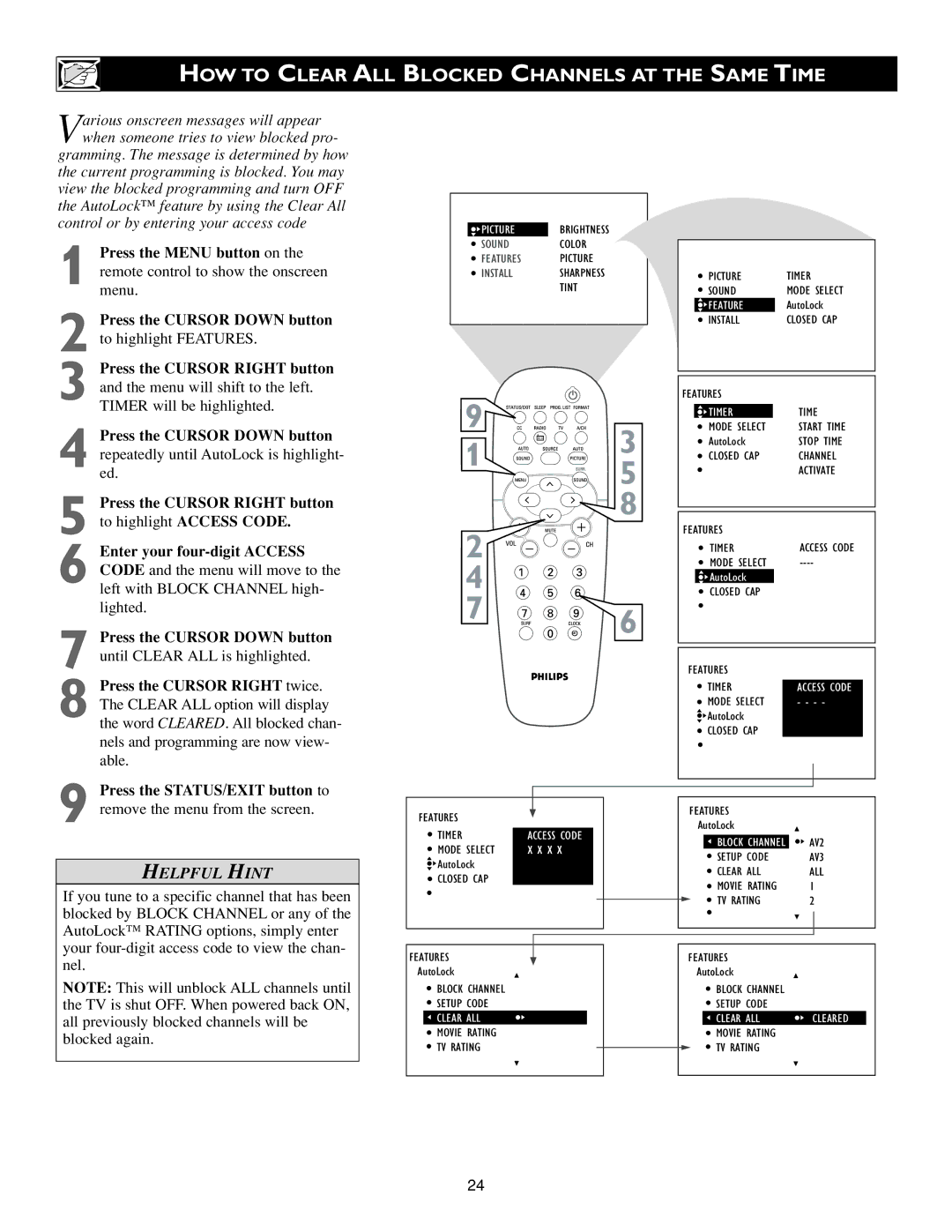 Philips 20PF7835/20, 20PF7835/37 warranty HOW to Clear ALL Blocked Channels AT the Same Time, Block Options 