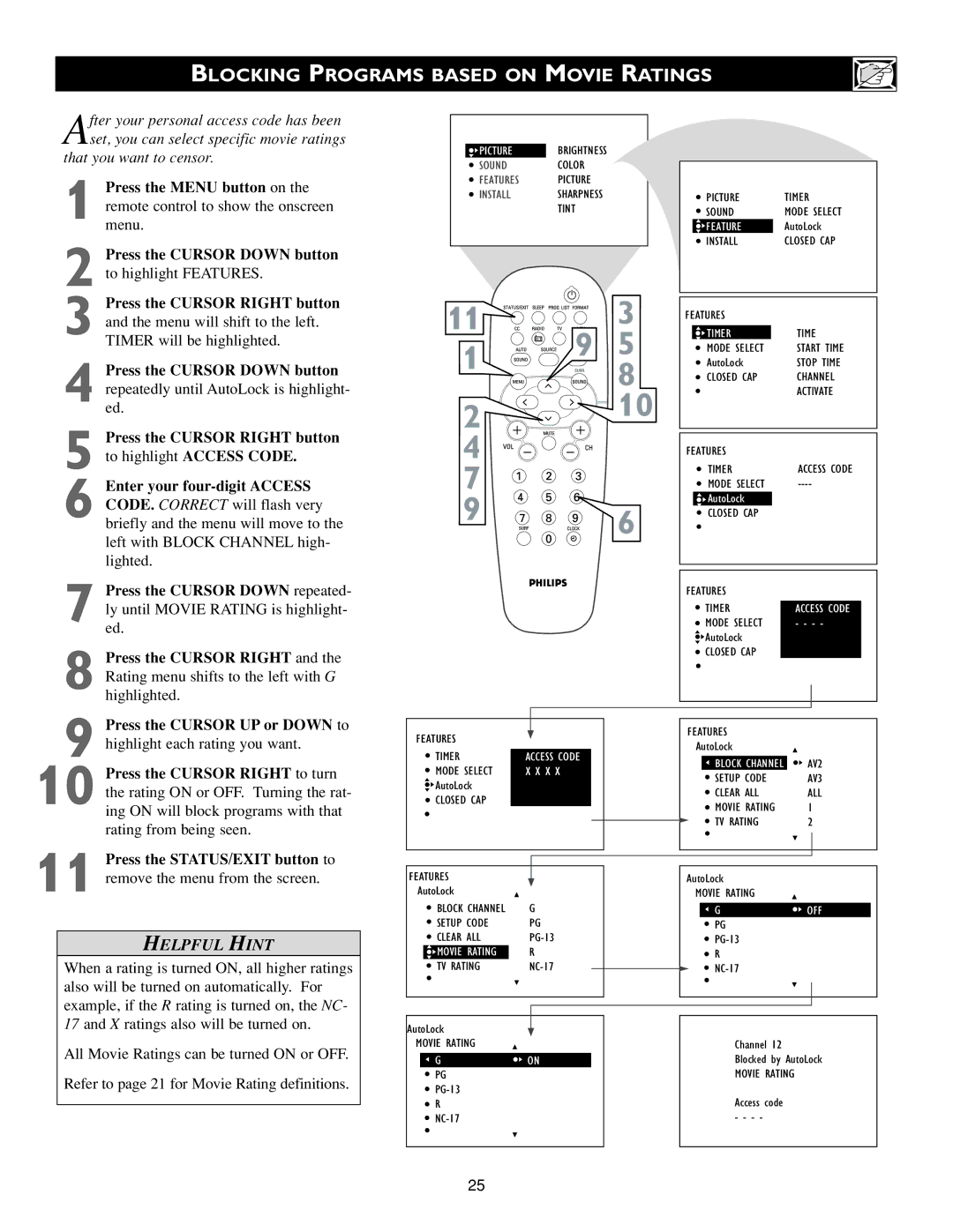 Philips 20PF7835/37, 20PF7835/20 warranty 10 4, Blocking Programs Based on Movie Ratings 