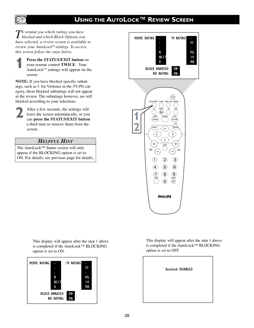 Philips 20PF7835/20, 20PF7835/37 warranty Using the Autolock Review Screen, Block Unrated No Rating 