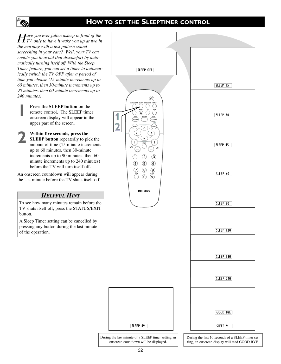 Philips 20PF7835/20, 20PF7835/37 warranty HOW to SET the Sleeptimer Control, Within five seconds, press 