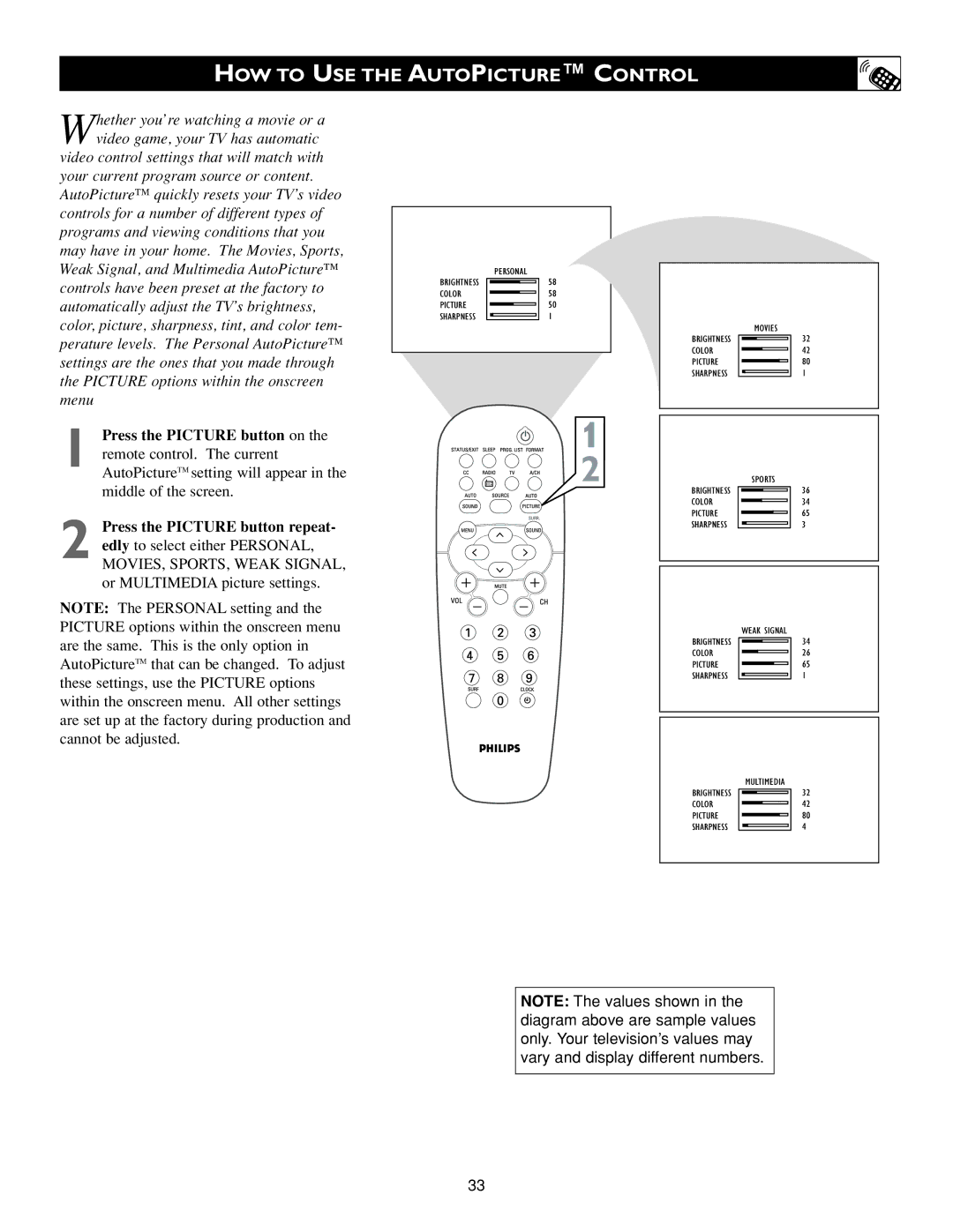 Philips 20PF7835/37, 20PF7835/20 warranty HOW to USE the Autopicture Control 