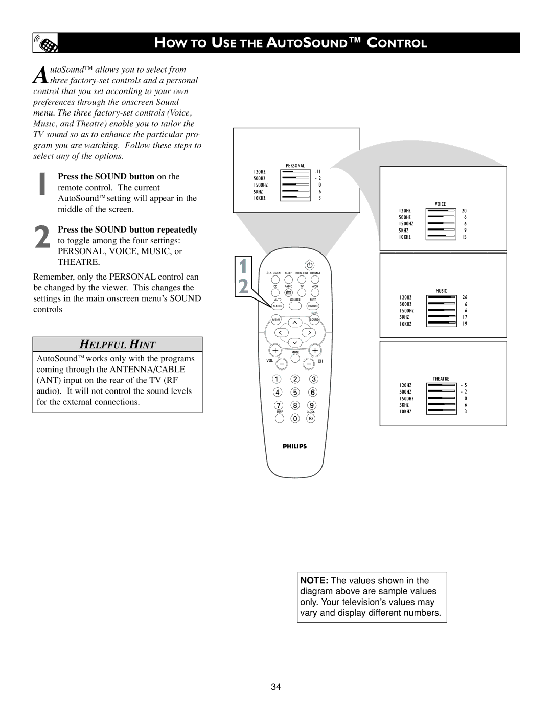 Philips 20PF7835/20, 20PF7835/37 warranty HOW to USE the Autosound Control, Theatre 