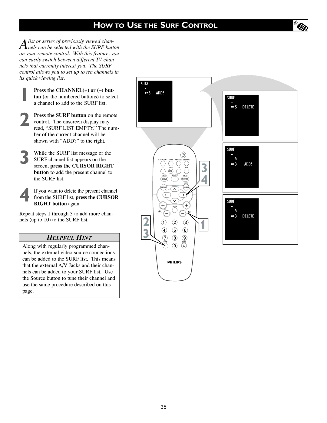 Philips 20PF7835/37, 20PF7835/20 warranty HOW to USE the Surf Control 