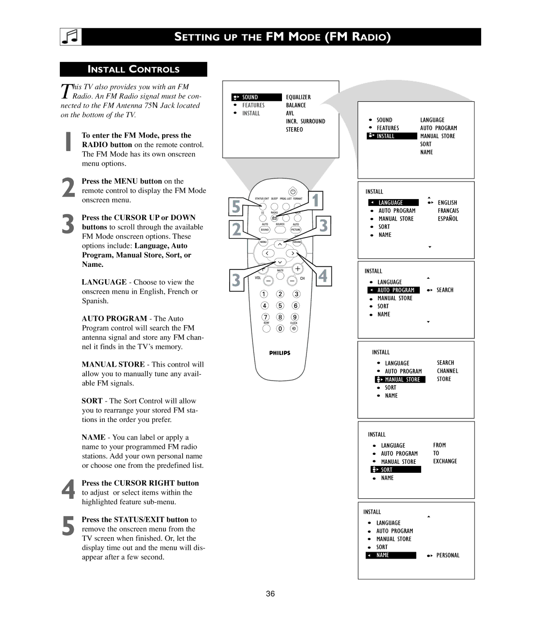 Philips 20PF7835/20, 20PF7835/37 warranty Setting UP the FM Mode FM Radio, Install Controls 