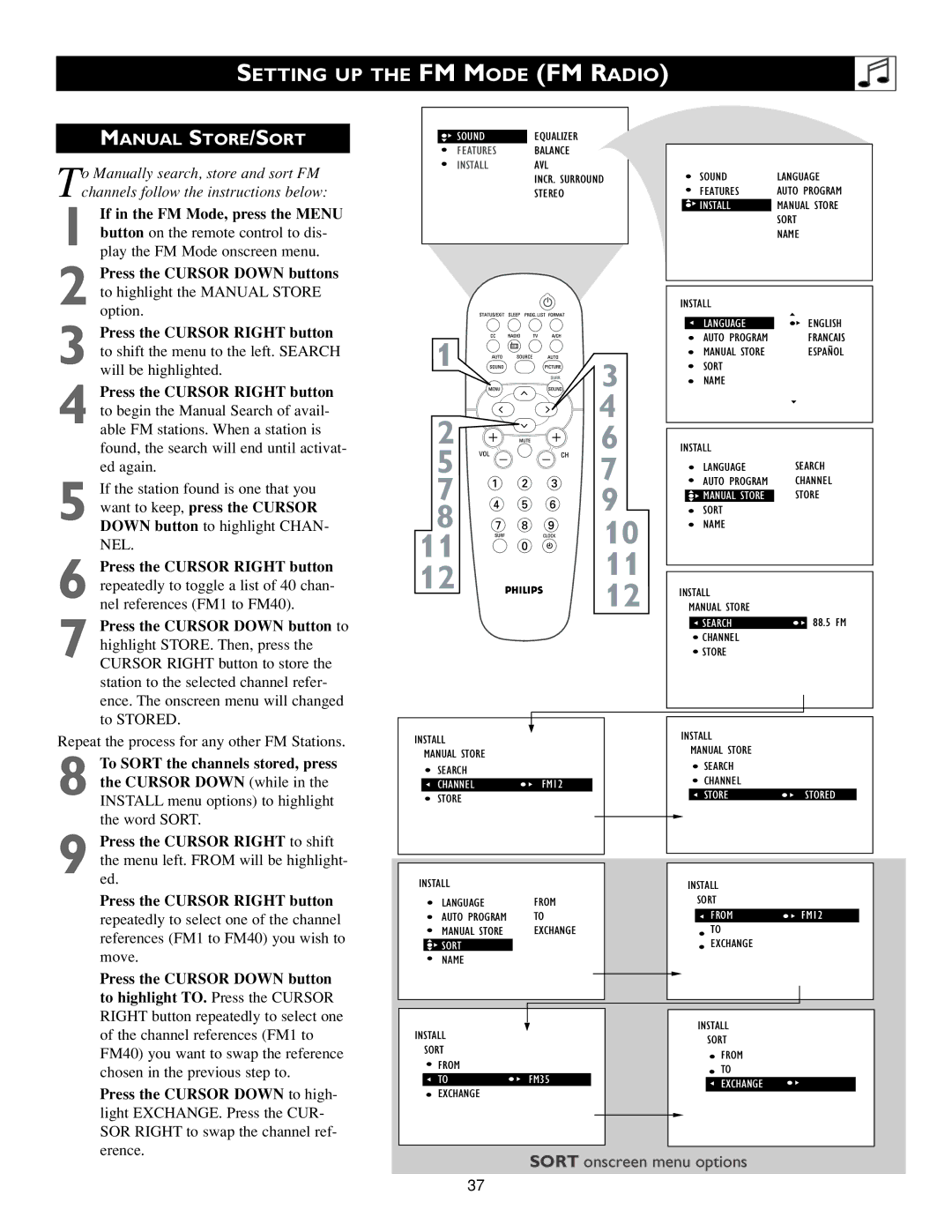 Philips 20PF7835/37, 20PF7835/20 warranty Manual STORE/SORT, Language 