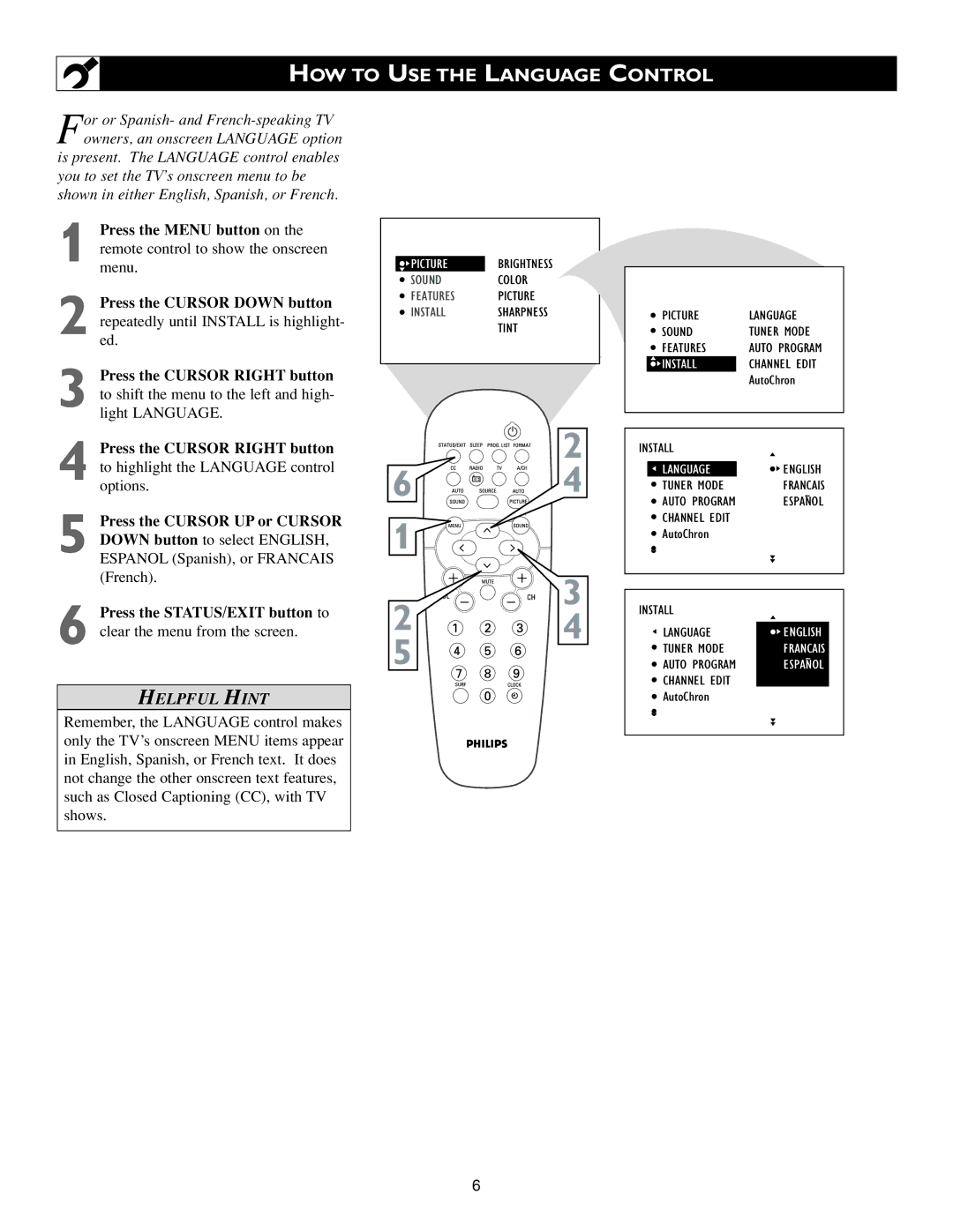 Philips 20PF7835/20, 20PF7835/37 warranty HOW to USE the Language Control, Helpful Hint 