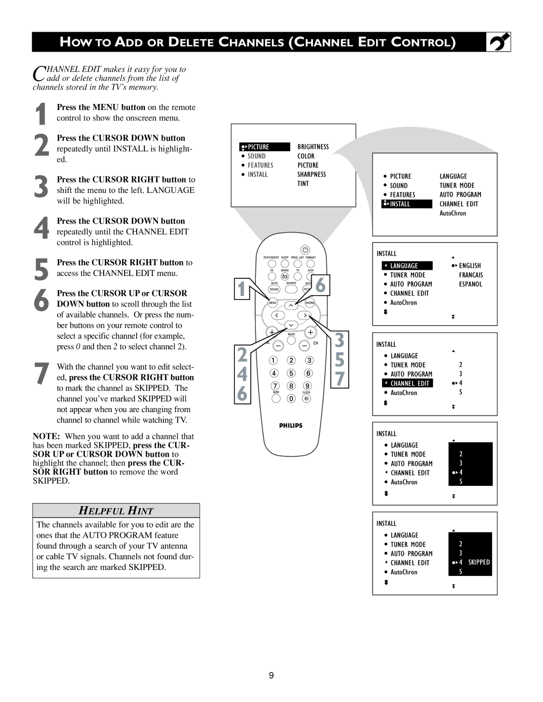 Philips 20PF7835/37, 20PF7835/20 warranty HOW to ADD or Delete Channels Channel Edit Control 