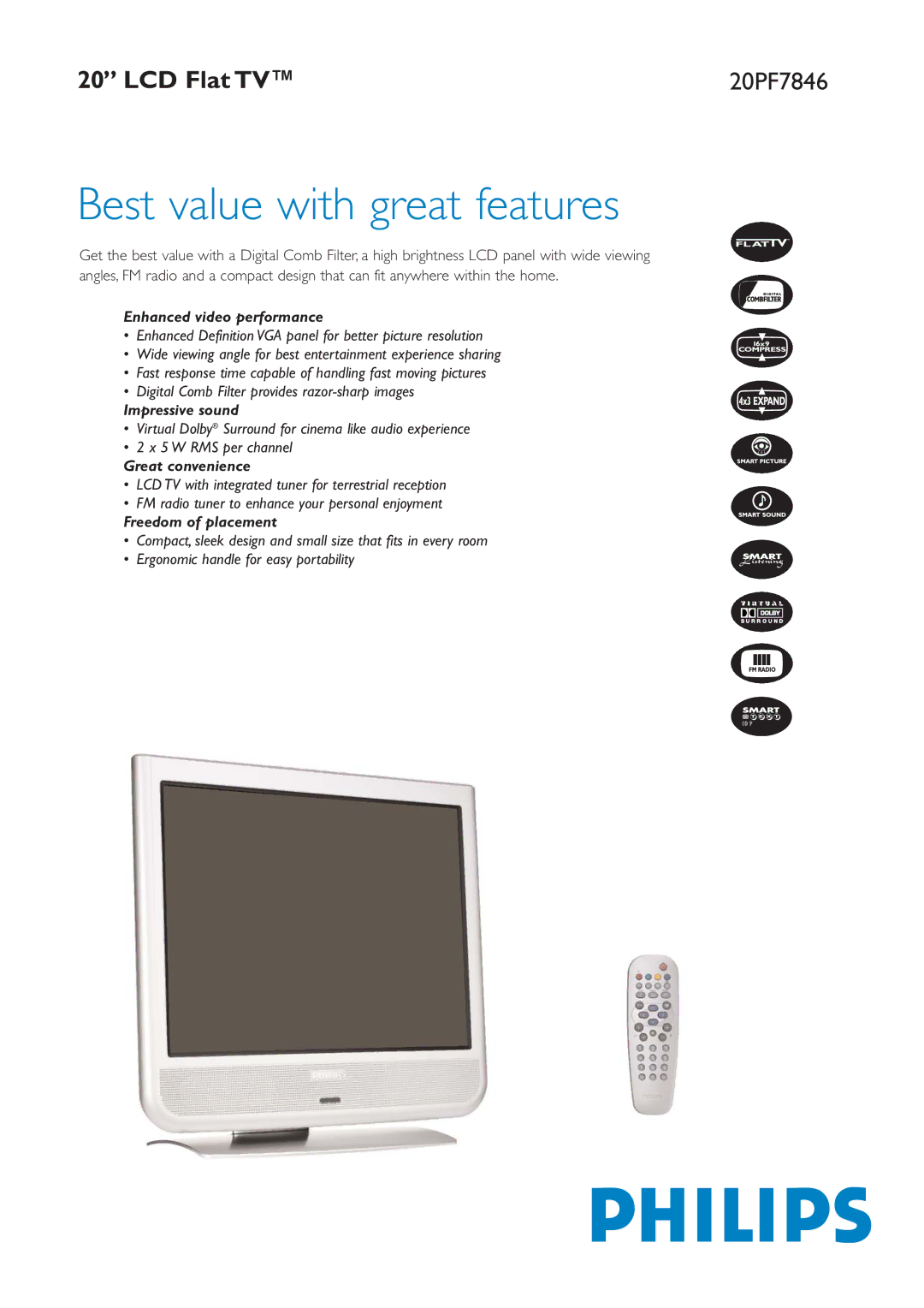 Philips 20PF7846 manual Enhanced video performance, Impressive sound, Great convenience, Freedom of placement 