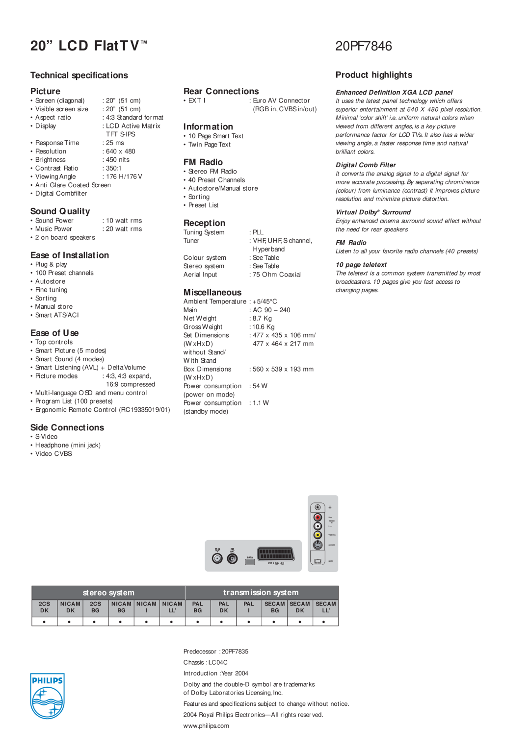 Philips 20PF7846 manual 20” LCD FlatTV 