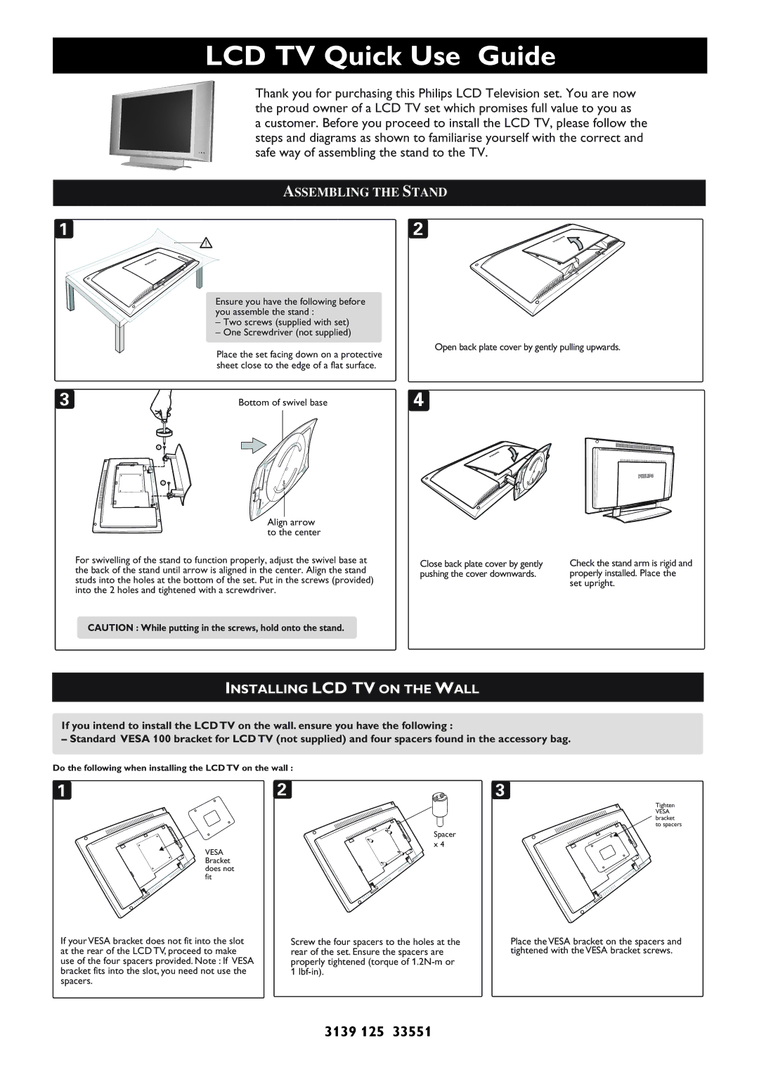 Philips 20PF8846/98 manual LCD TV Quick Use Guide, Installing LCD TV on the Wall 