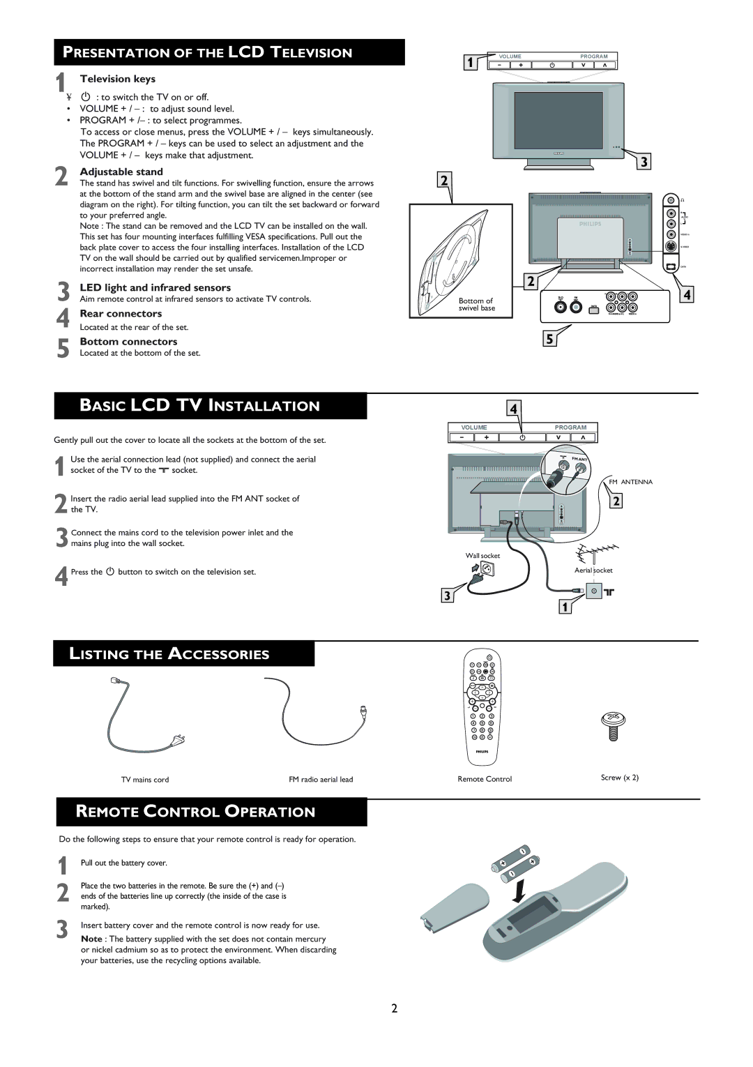 Philips 20PF8846/98 manual Presentation of the LCD Television, Listing the Accessories 