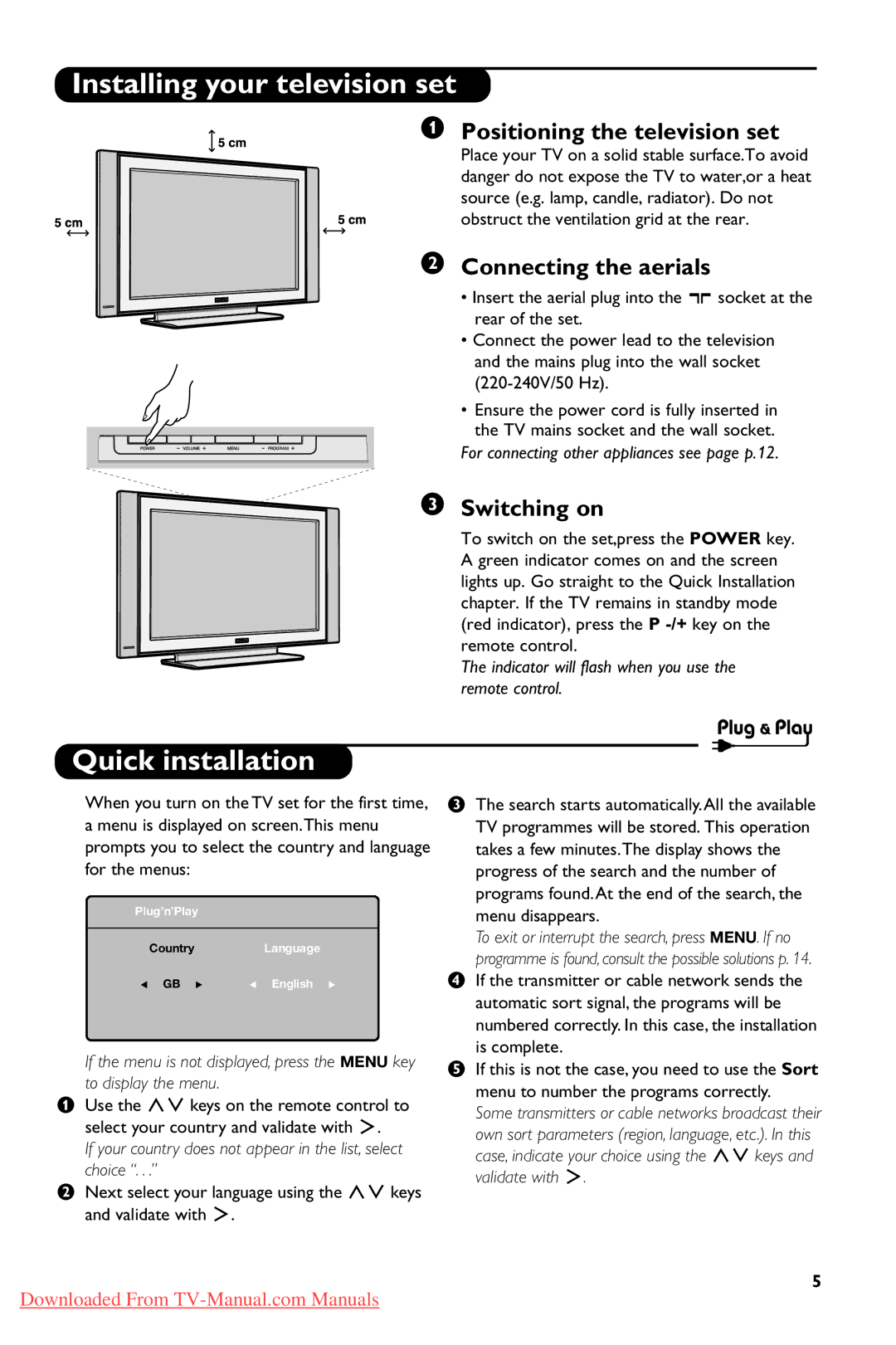 Philips 20PFL4102S Installing your television set, Quick installation, Positioning the television set, Switching on 