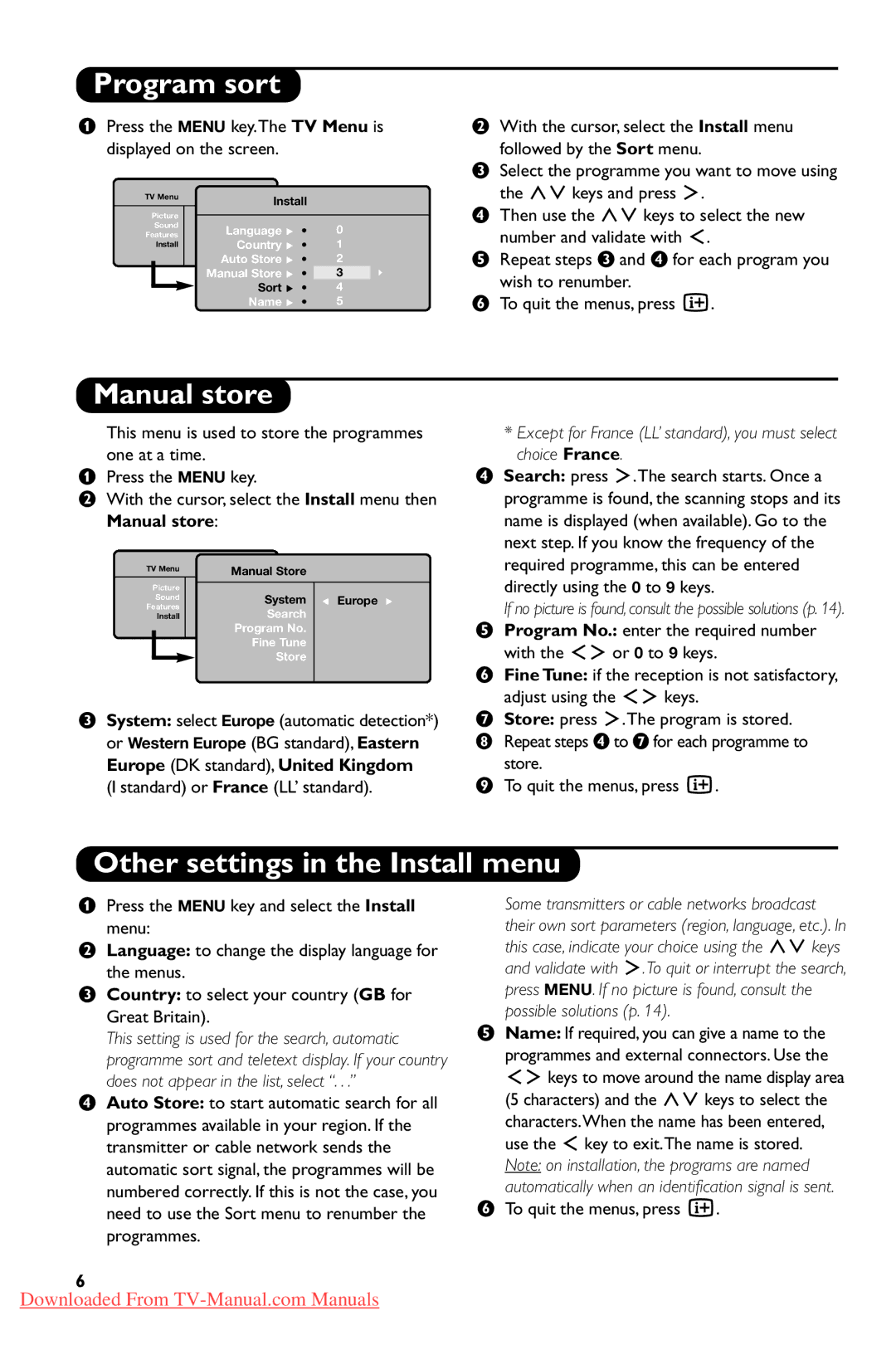 Philips 20PFL4101S, 20PFL4102S user manual Program sort, Manual store, Other settings in the Install menu 