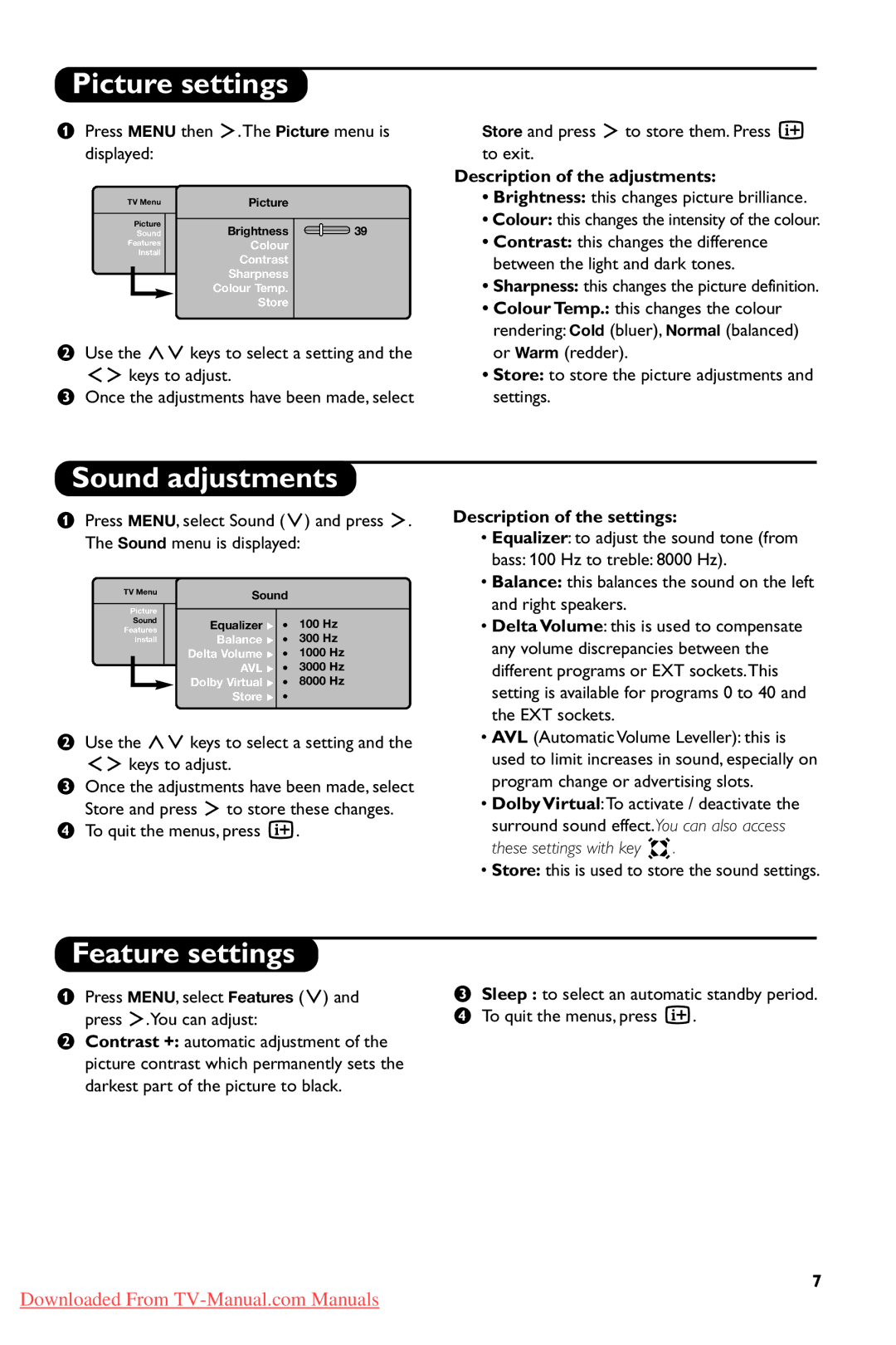 Philips 20PFL4102S, 20PFL4101S Picture settings, Sound adjustments, Feature settings, Description of the adjustments 