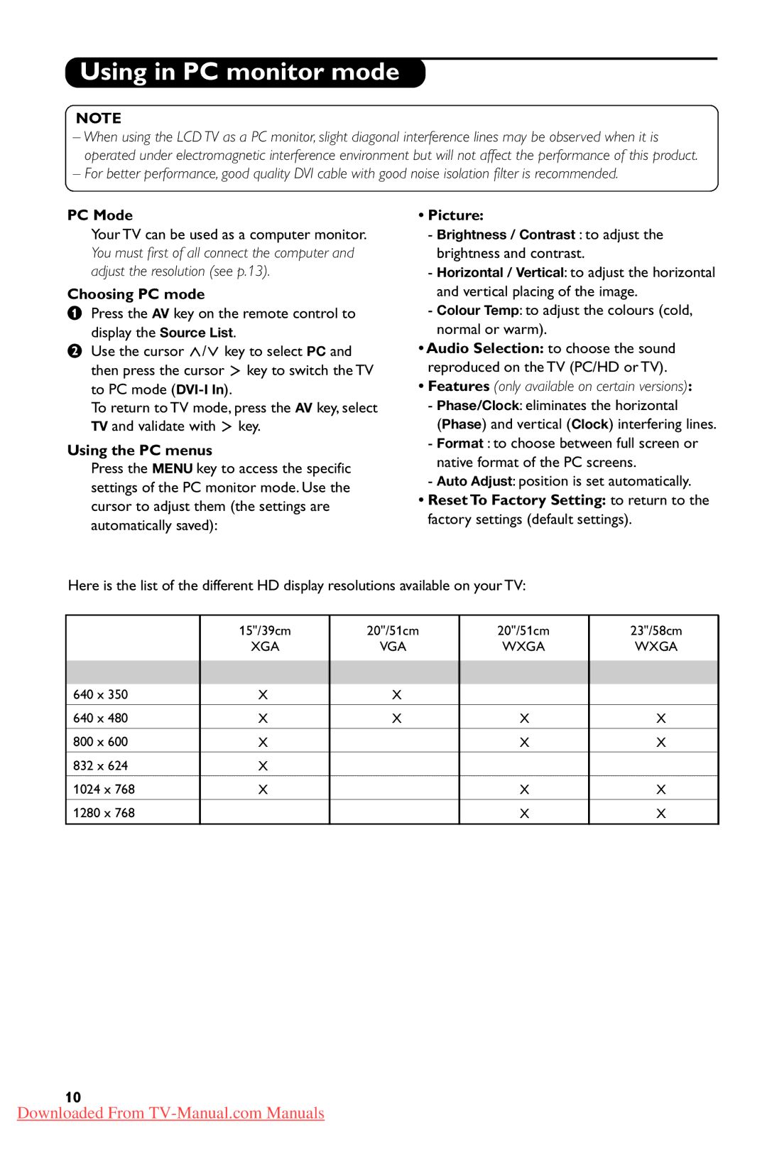 Philips 20PFL4101S, 20PFL4102S user manual Using in PC monitor mode, PC Mode, Choosing PC mode, Using the PC menus, Picture 