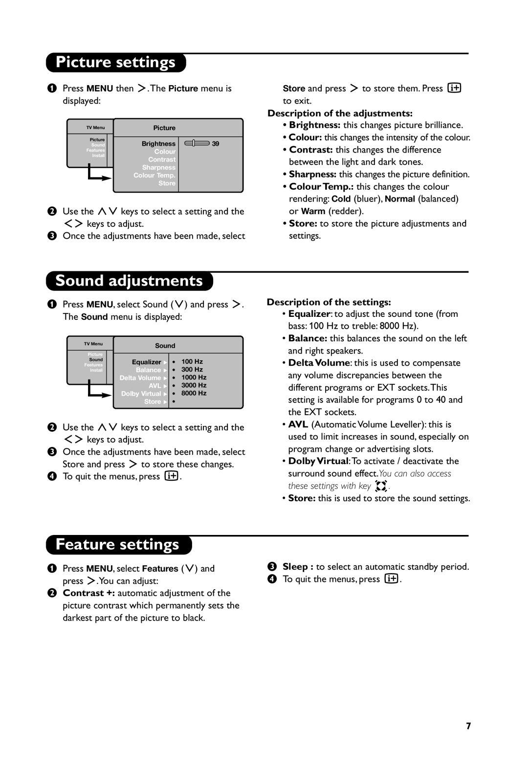 Philips 20PFL4102S, 20PFL4101S Picture settings, Sound adjustments, Feature settings, Description of the adjustments 