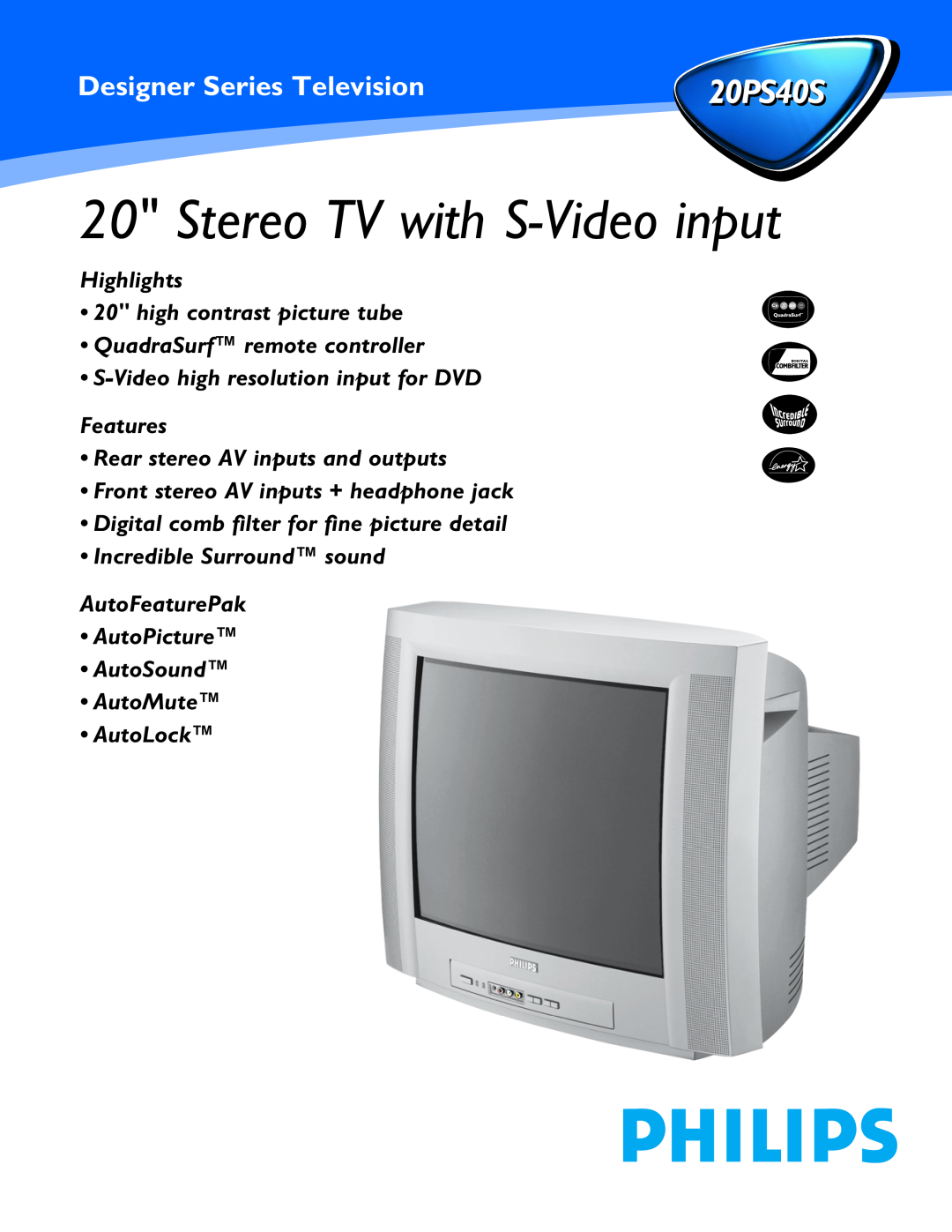Philips 20PS40S manual Stereo TV with S-Video input, Designer Series Television, Rear stereo AV inputs and outputs 