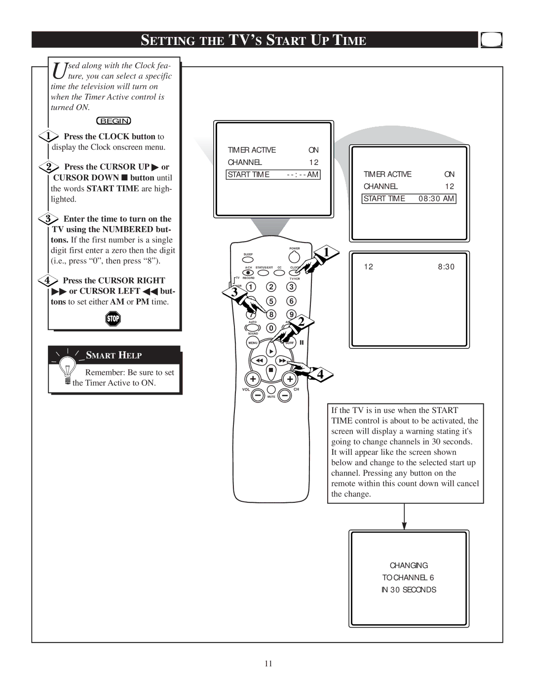 Philips 20PT 30B manual Setting the TV’S Start UP Time, Remember Be sure to set the Timer Active to on 