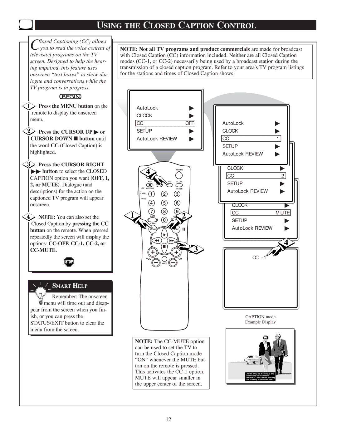 Philips 20PT 30B manual Using the Closed Caption Control, Press the Cursor UP or Cursor Down button until 