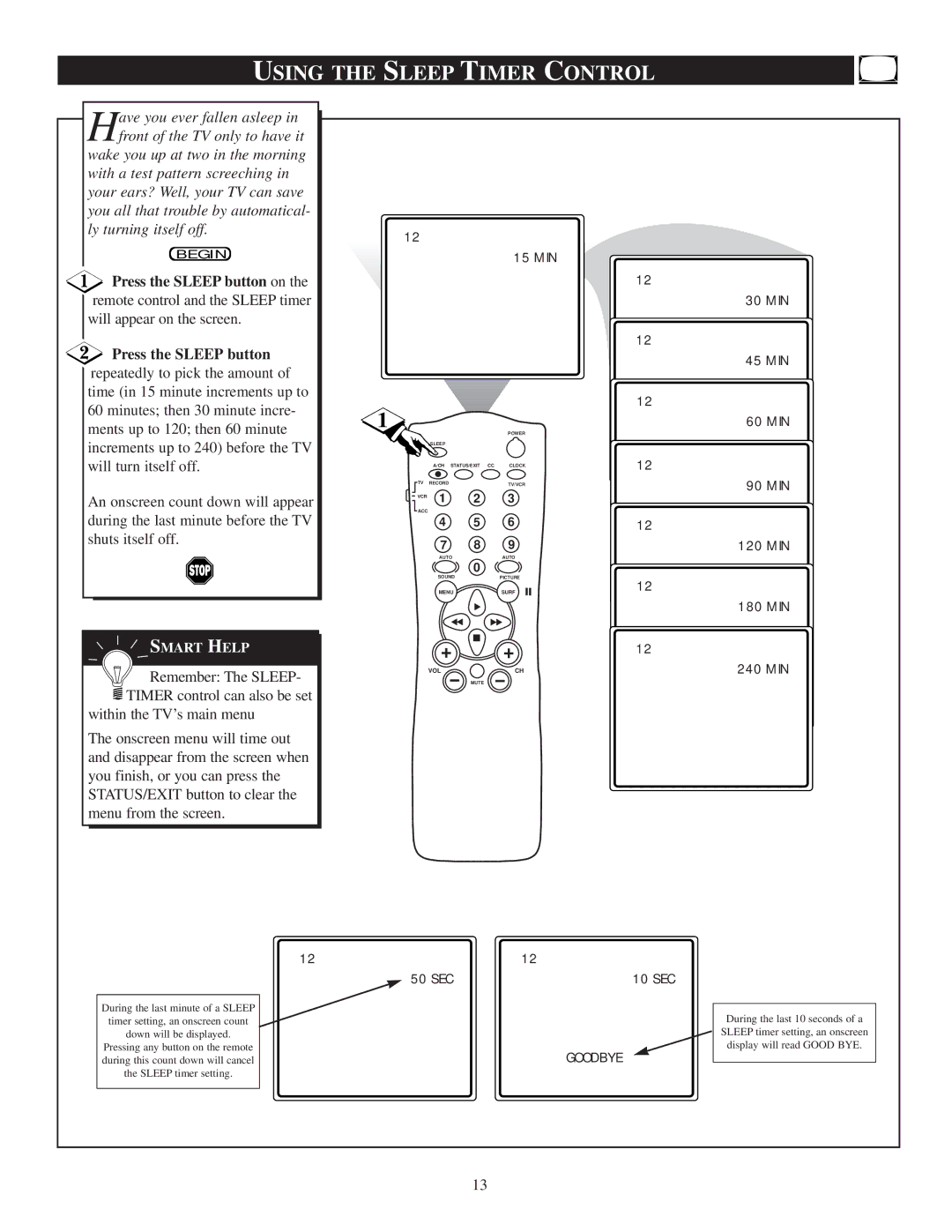 Philips 20PT 30B manual Using the Sleep Timer Control, MIN 45 MIN 60 MIN 90 MIN 120 MIN 180 MIN 240 MIN 