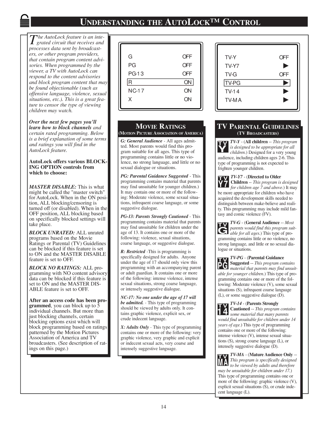 Philips 20PT 30B manual Understanding the Autolock C Ontrol, Movie Ratings 