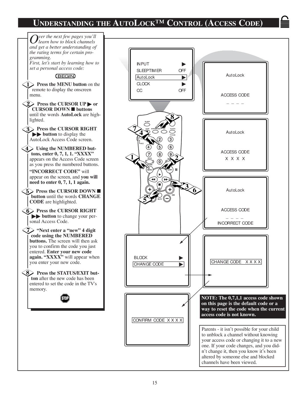 Philips 20PT 30B manual Understanding the Autolock C Ontrol Access Code, Press the Cursor UP or Cursor Down buttons 