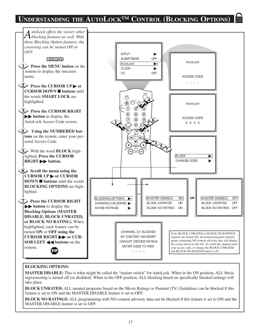 Philips 20PT 30B manual Understanding the Autolock C Ontrol Blocking Options, Using the Numbered but 