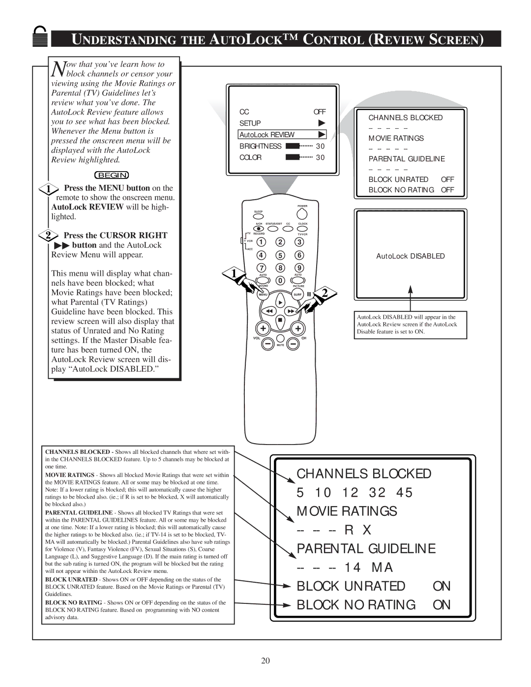 Philips 20PT 30B manual Understanding the Autolock C Ontrol Review Screen, AutoLock Review will be high 