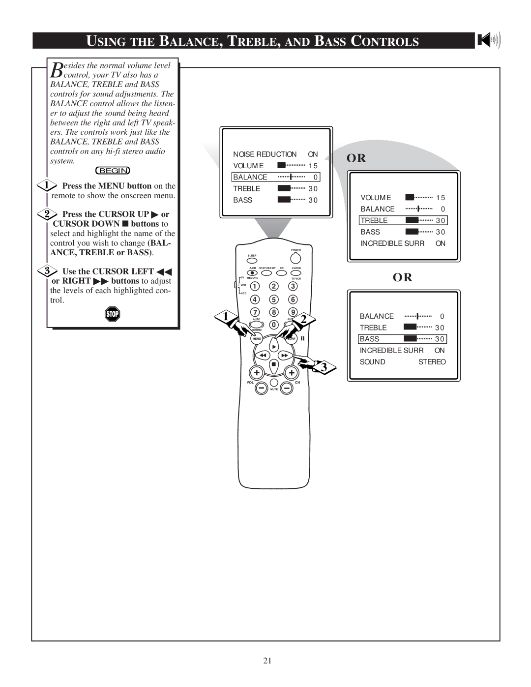 Philips 20PT 30B manual Using the BALANCE, TREBLE, and Bass Controls 