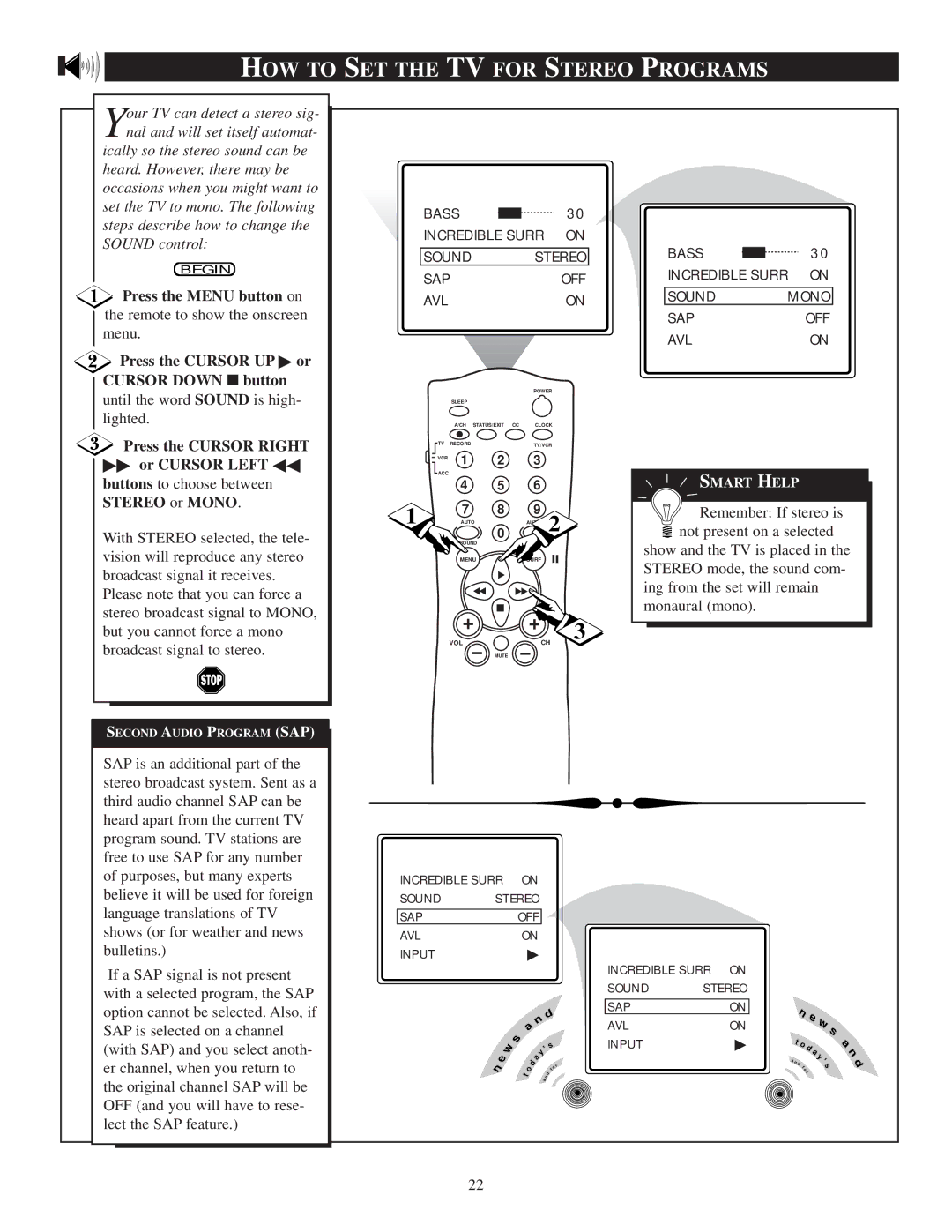 Philips 20PT 30B manual HOW to SET the TV for Stereo Programs 