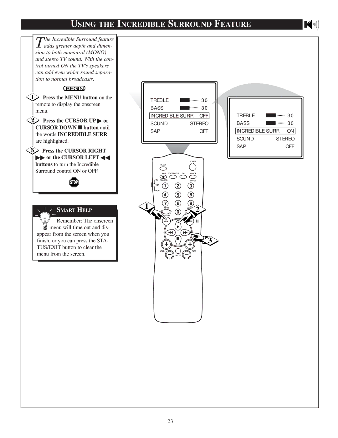 Philips 20PT 30B manual Words Incredible Surr, Press the Cursor Right Or the Cursor Left 