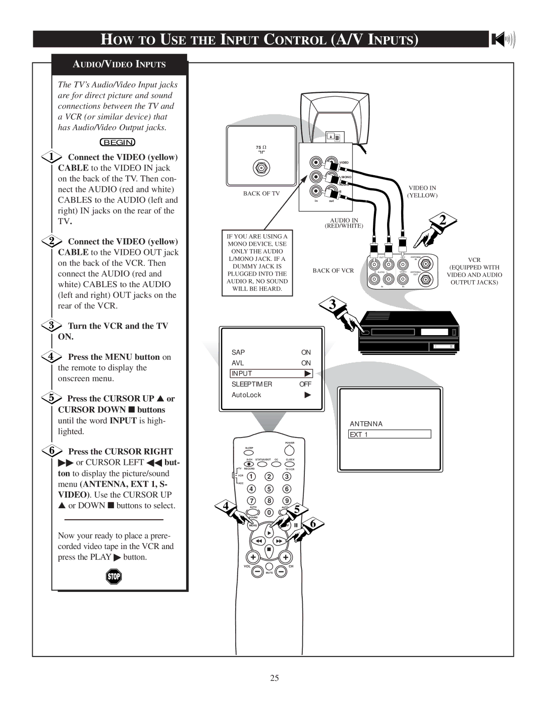 Philips 20PT 30B manual HOW to USE the Input Control A/V Inputs, Connect the Video yellow, Turn the VCR and the TV on 