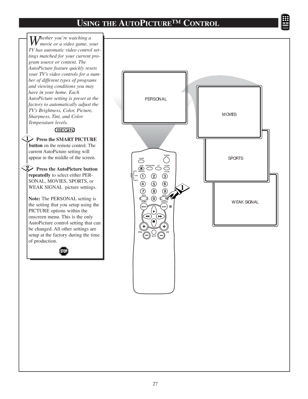 Philips 20PT 30B manual Press the Smart Picture, Press the AutoPicture button 