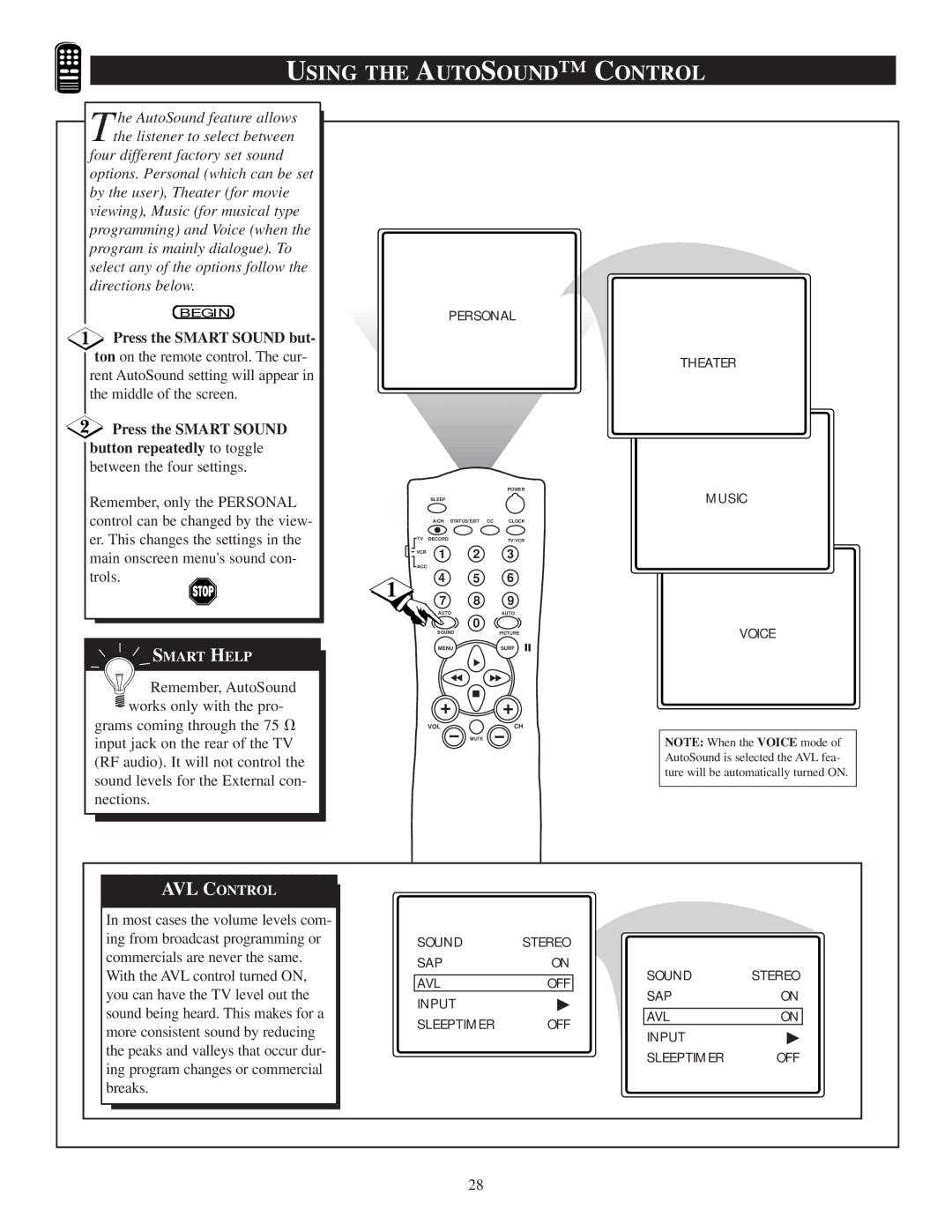 Philips 20PT 30B manual Using the Autosound C Ontrol, Press the Smart Sound but 