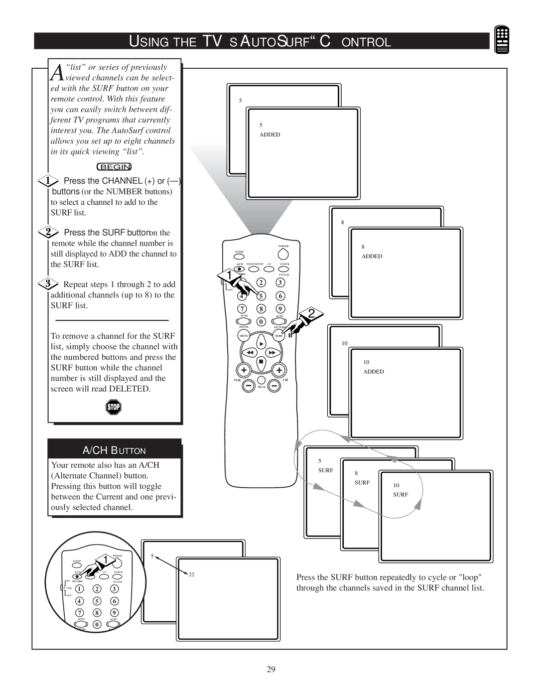 Philips 20PT 30B manual Using the TV’S Autosurf C Ontrol, Press the Channel + or 