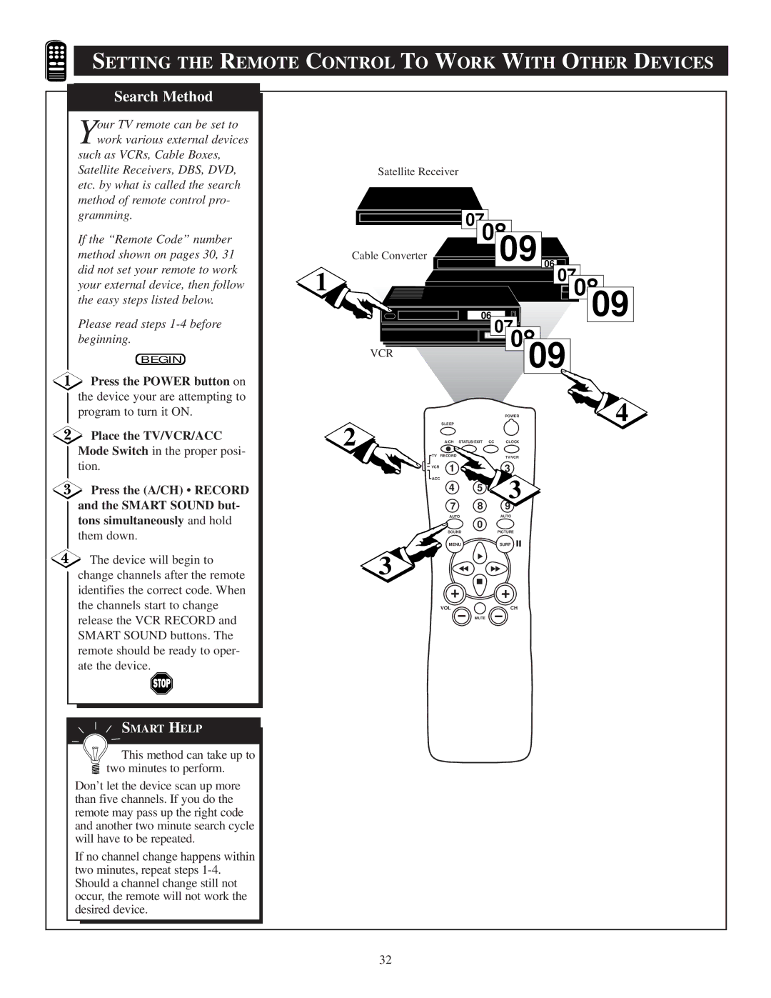 Philips 20PT 30B Setting the Remote Control to Work with Other Devices, Press the Power button on, Place the TV/VCR/ACC 