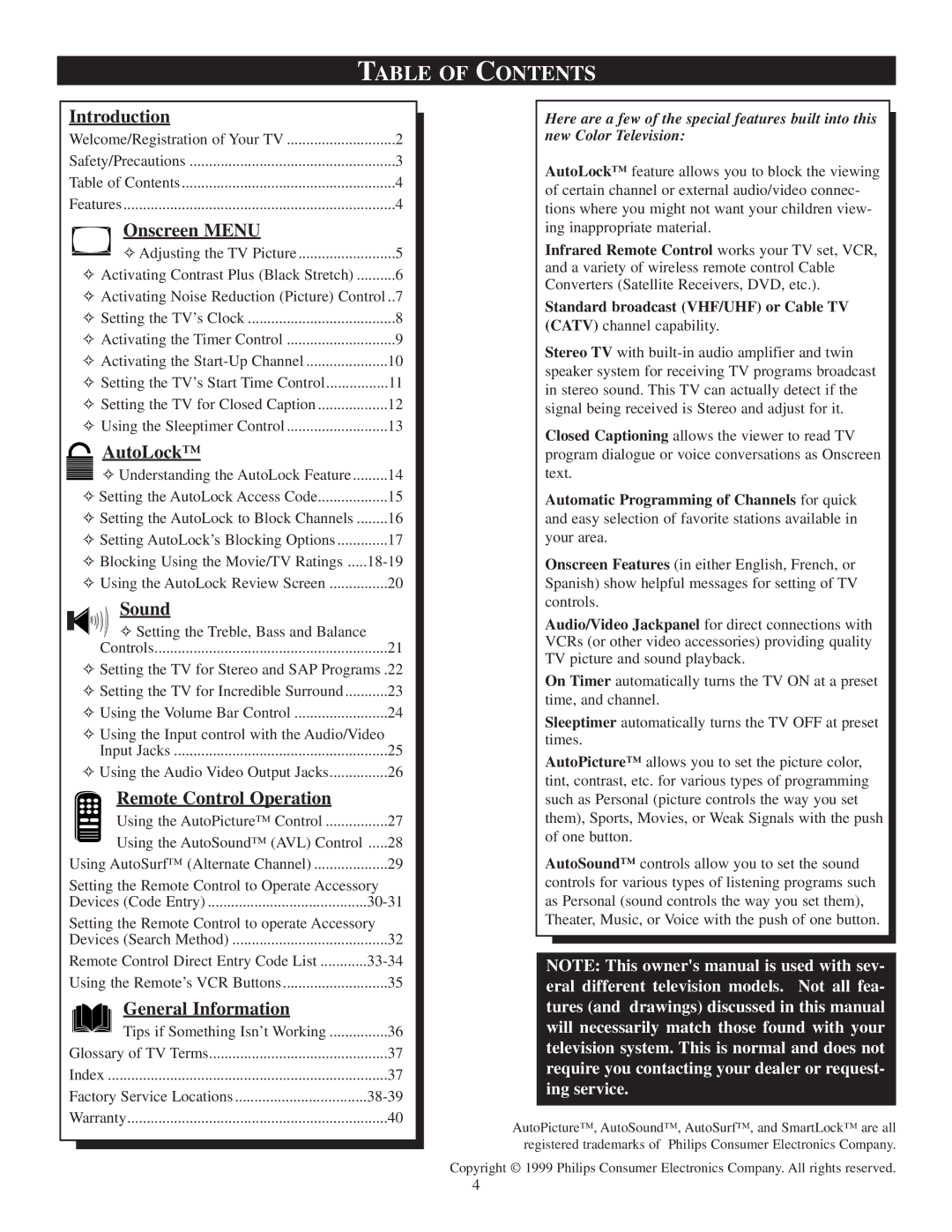 Philips 20PT 30B manual Table of Contents 