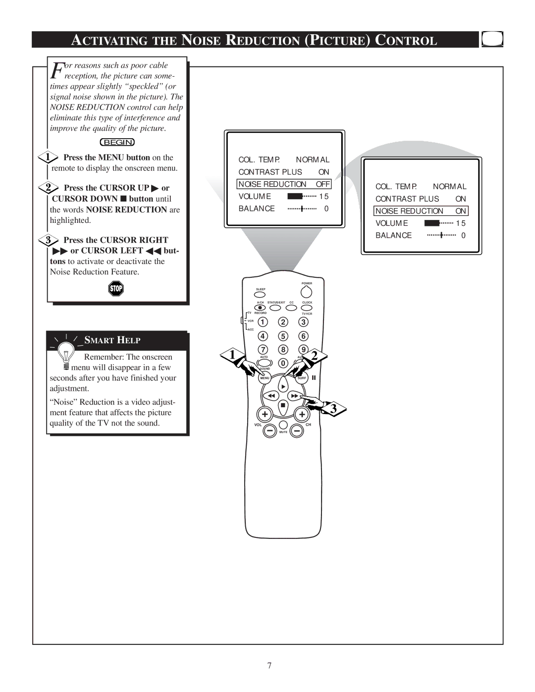 Philips 20PT 30B manual Activating the Noise Reduction Picture Control, Cursor Down button until, Words Noise Reduction are 