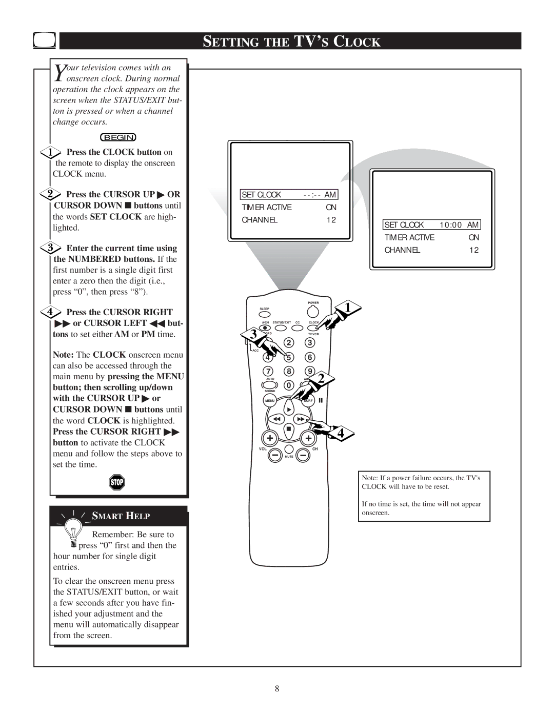 Philips 20PT 30B manual Setting the TV’S Clock, Timer Active Channel 