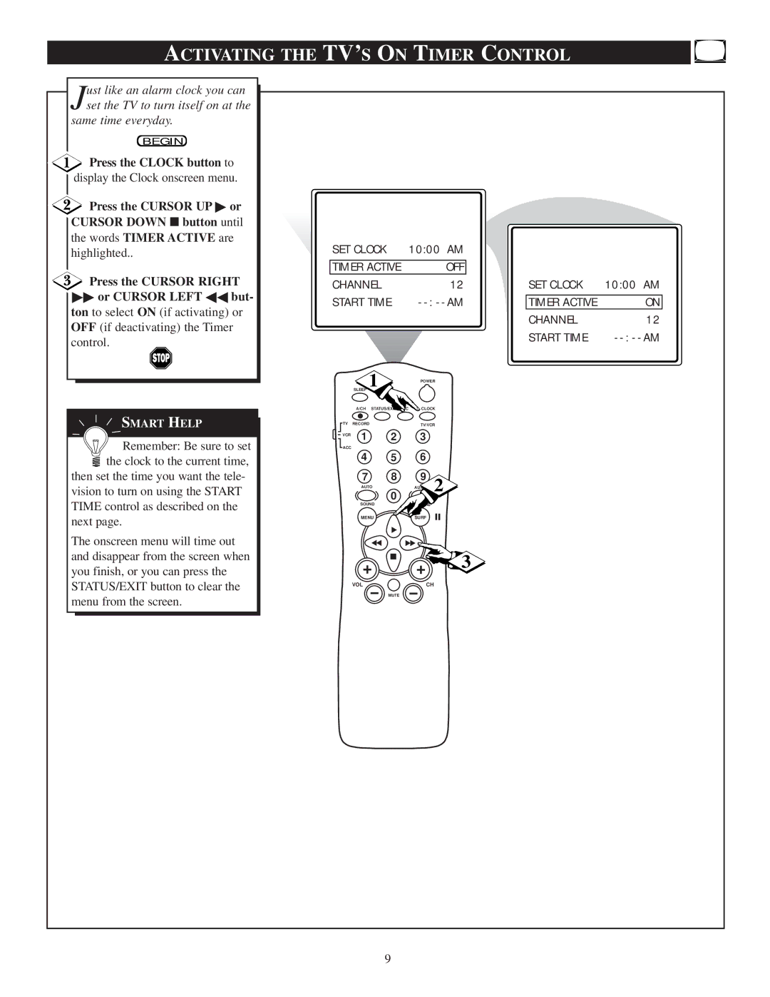 Philips 20PT 30B manual Press the Clock button to, Press the Cursor UP or Cursor Down button until 