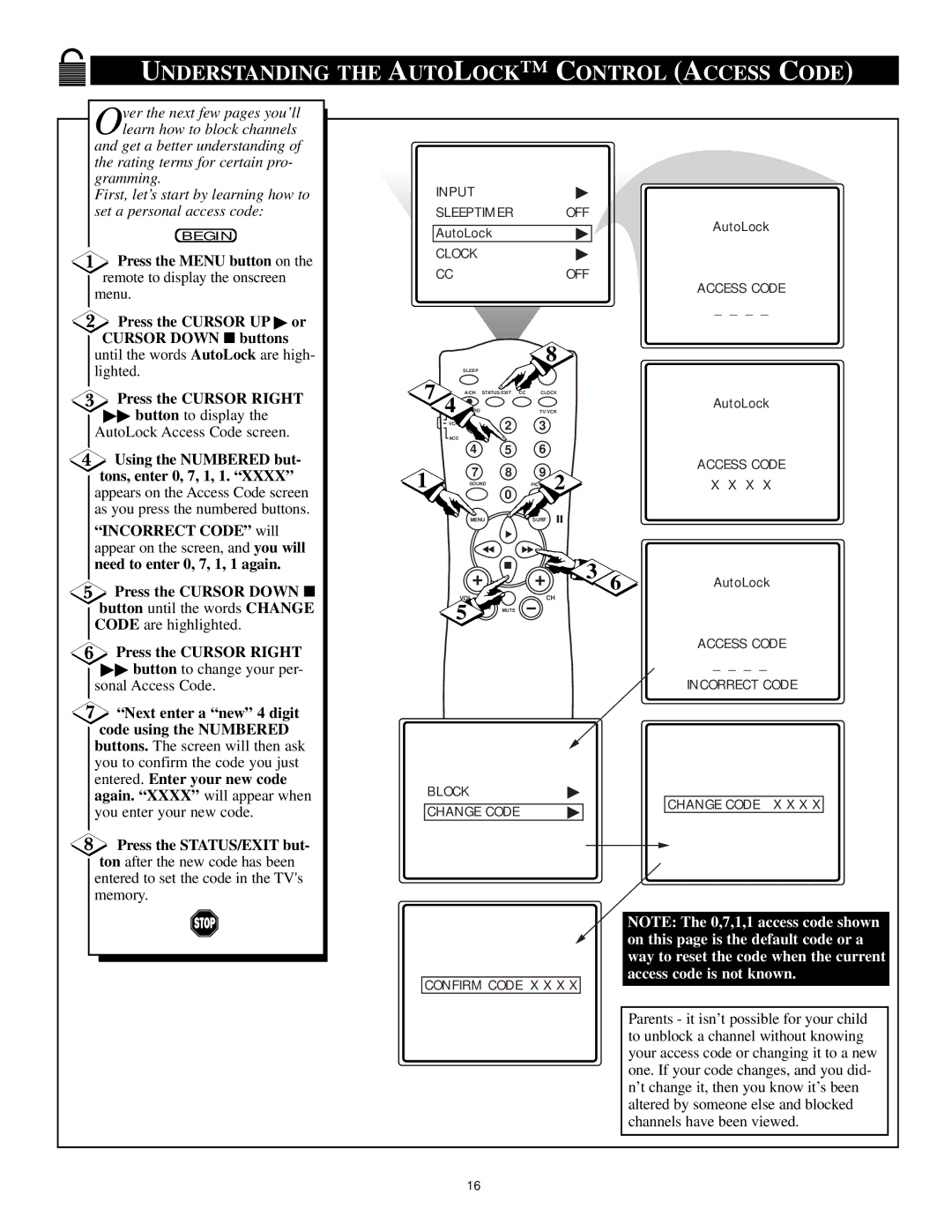 Philips 20PT 91S manual Understanding the Autolock Control Access Code, Press the Cursor UP or Cursor Down buttons 