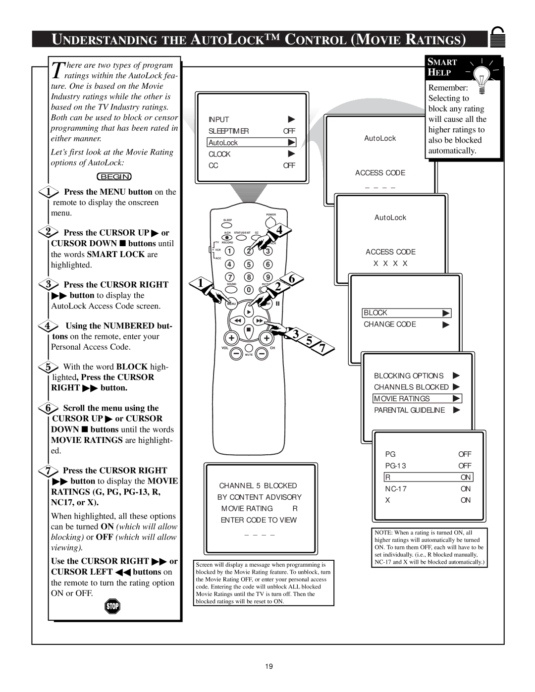 Philips 20PT 91S manual Understanding the Autolock Control Movie Ratings, Ratings G, PG, PG-13, R, NC17, or 