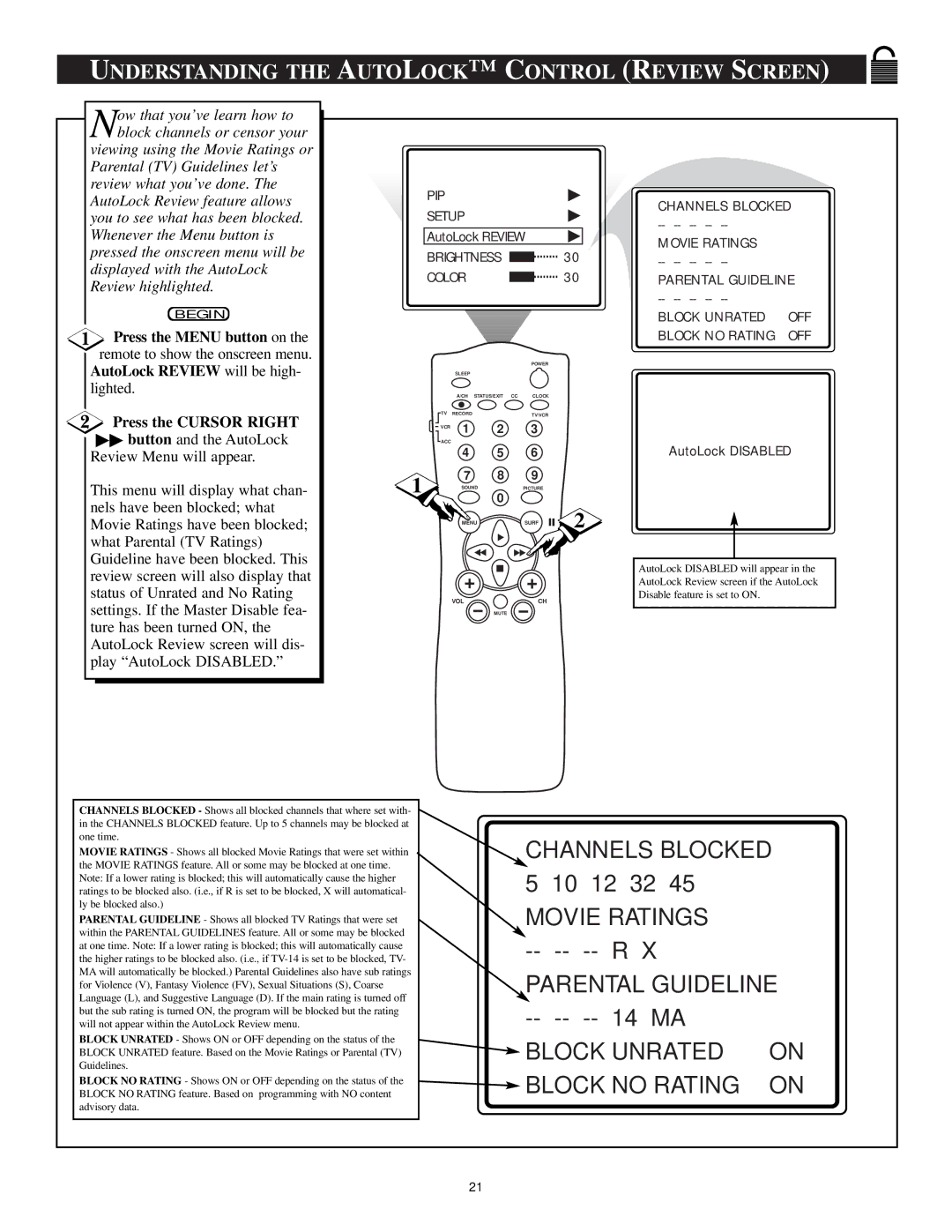 Philips 20PT 91S manual Understanding the Autolock Control Review Screen 