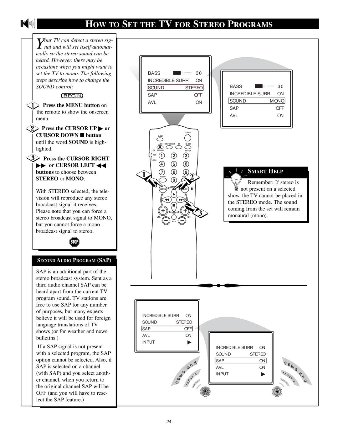 Philips 20PT 91S manual HOW to SET the TV for Stereo Programs, Or Cursor Left buttons to choose between Stereo or Mono 