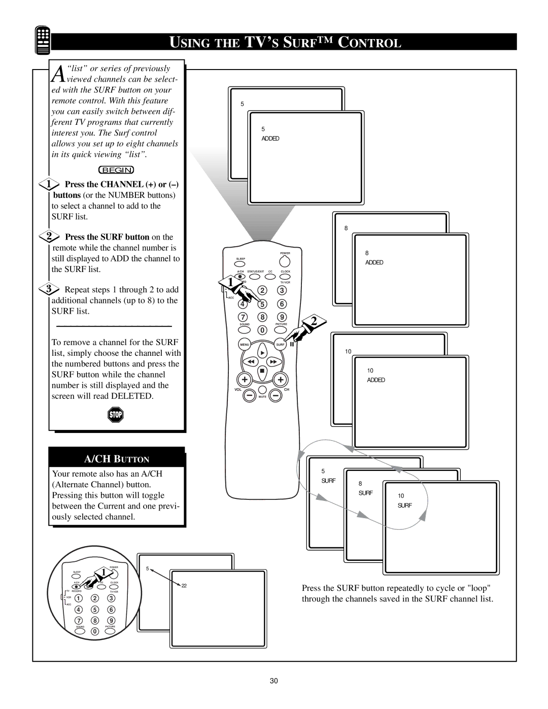 Philips 20PT 91S manual Using the TV’S Surf Control, Press the Channel + or 