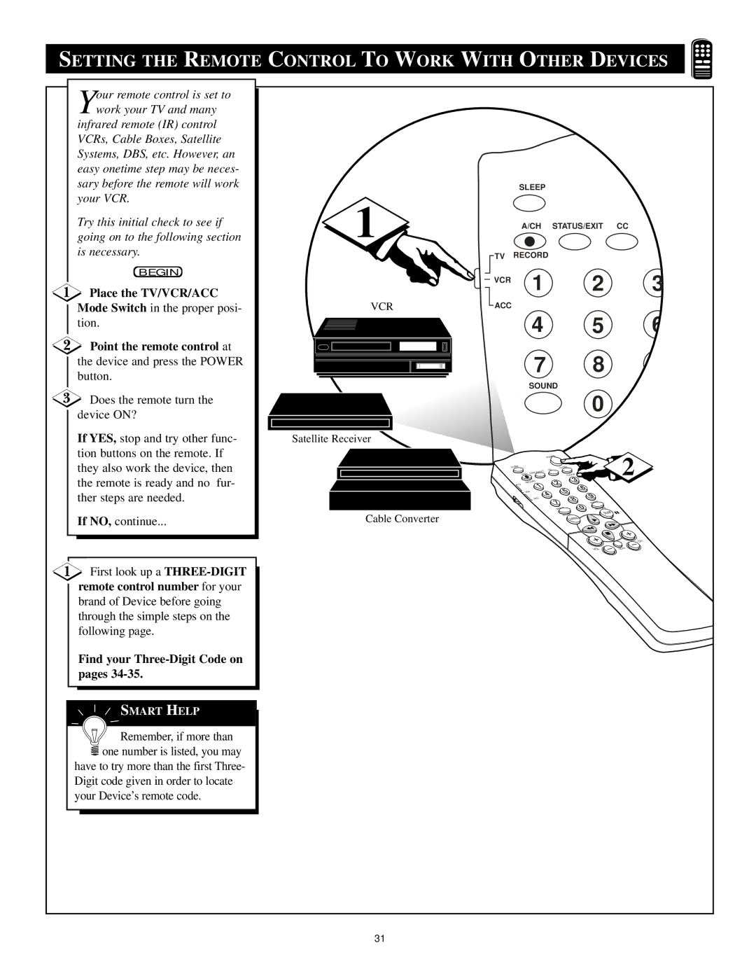 Philips 20PT 91S manual Setting the Remote Control to Work with Other Devices, Point the remote control at 