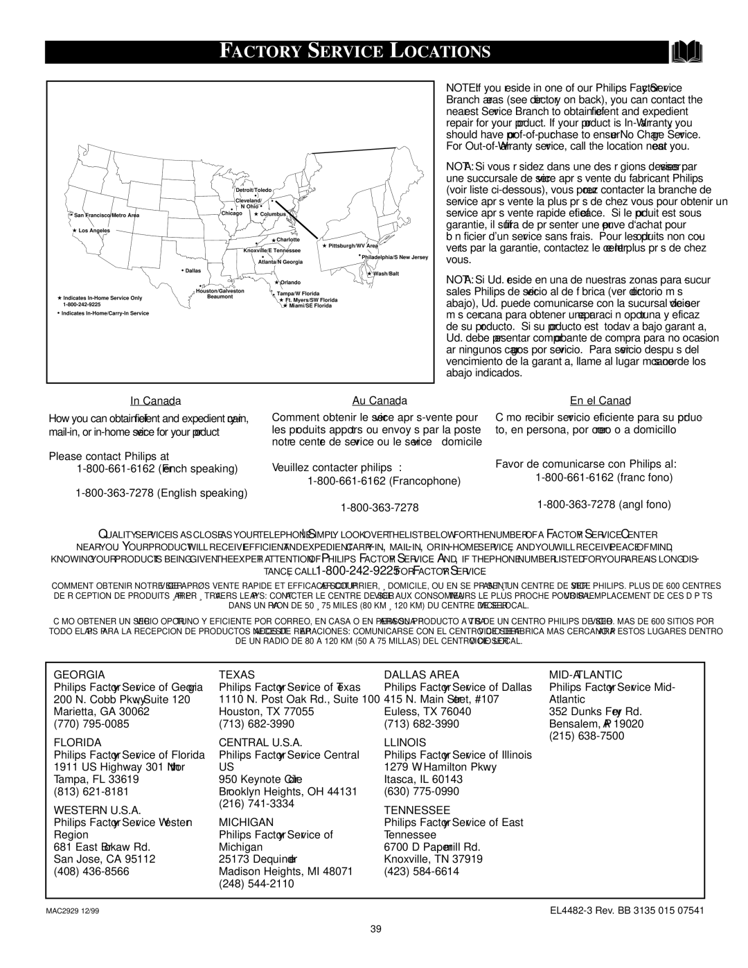 Philips 20PT 91S manual Factory Service Locations, Canada 