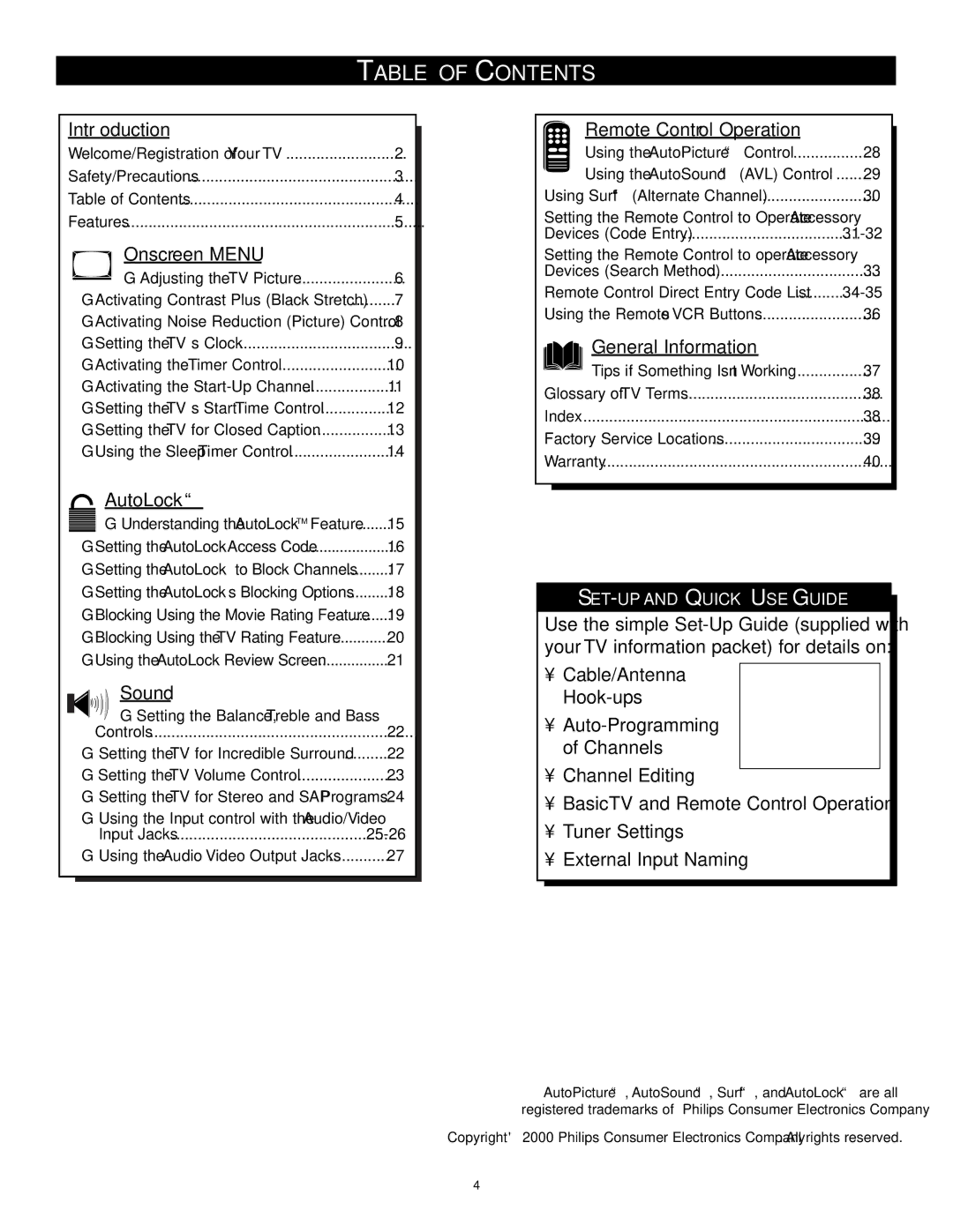 Philips 20PT 91S manual Table of Contents 