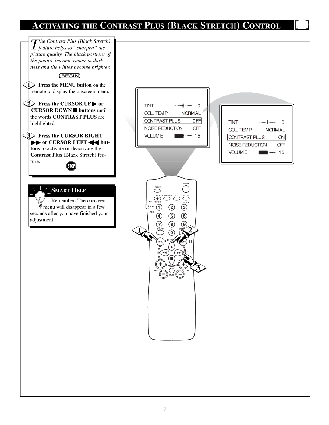 Philips 20PT 91S manual Activating the Contrast Plus Black Stretch Control, Or Cursor Left but 