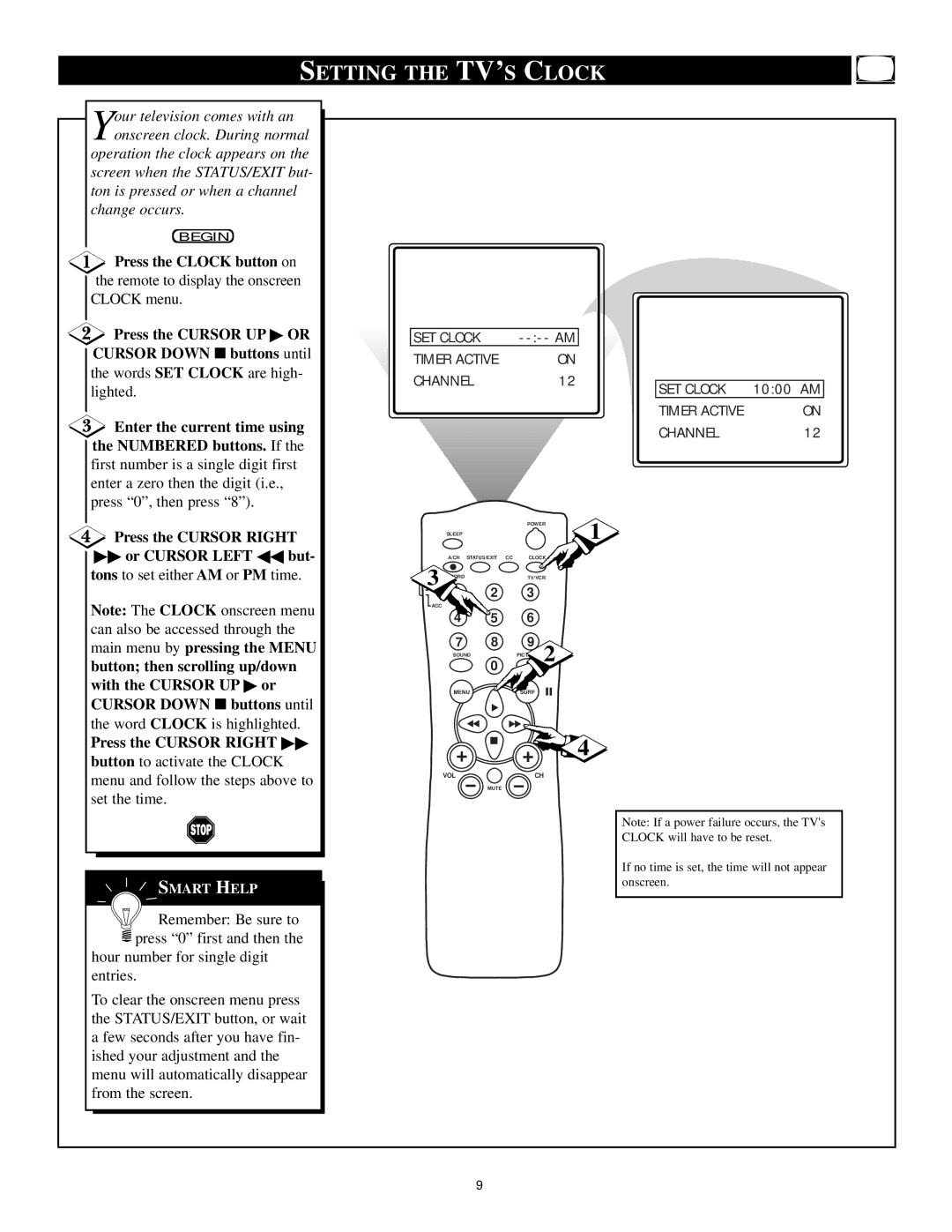 Philips 20PT 91S manual Setting the TV’S Clock, Timer Active Channel 